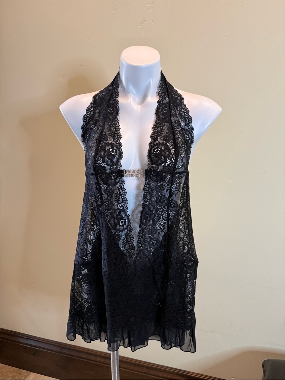VENUS Black Lace Halter Babydoll bodysuit w/snap
